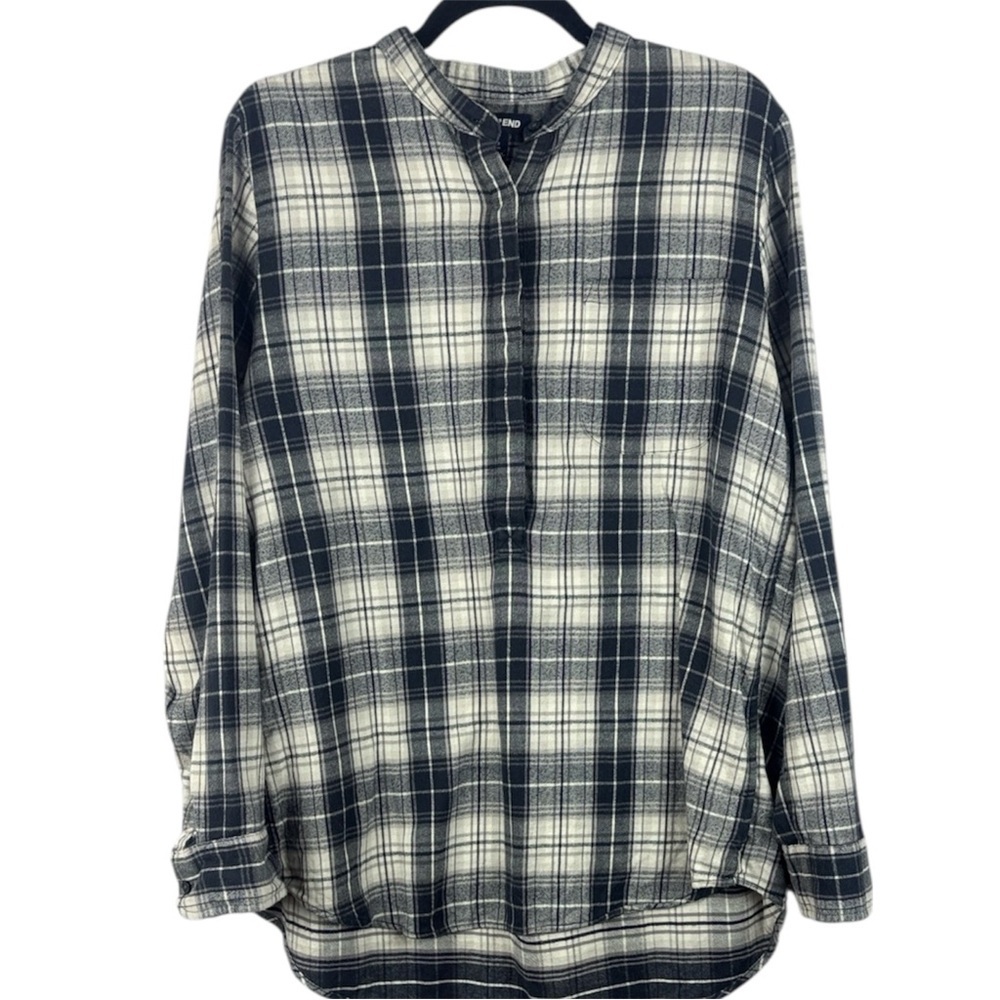 Lands' End Classic Flannel Black White Plaid Band Collar Long Sleeve Med Shirt